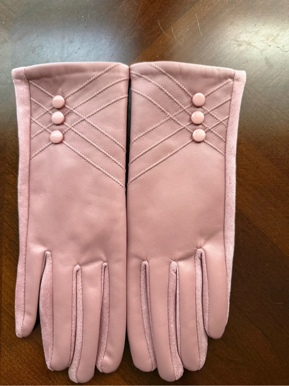 Women’s Pink Faux Leather Gloves with Button Detail S/M
